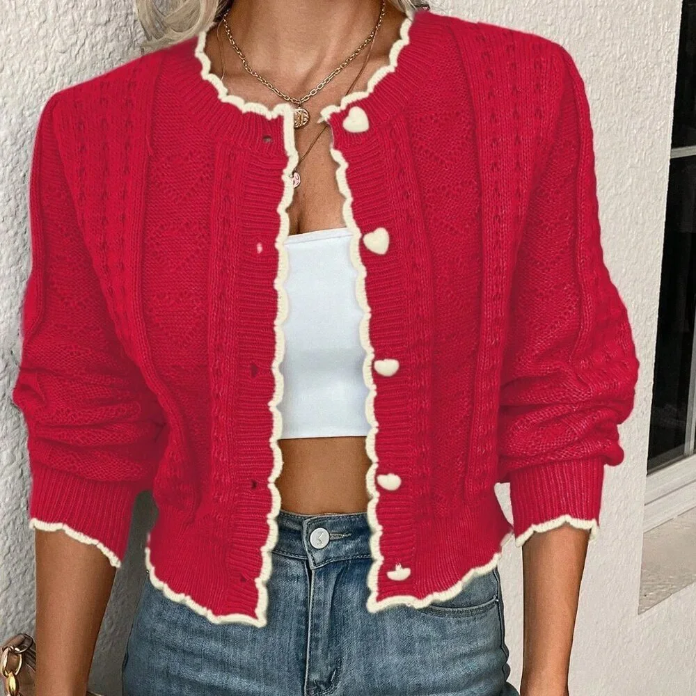 Red and White Casual Women's Heart Button Design Long Sleeve Loose Cardigan